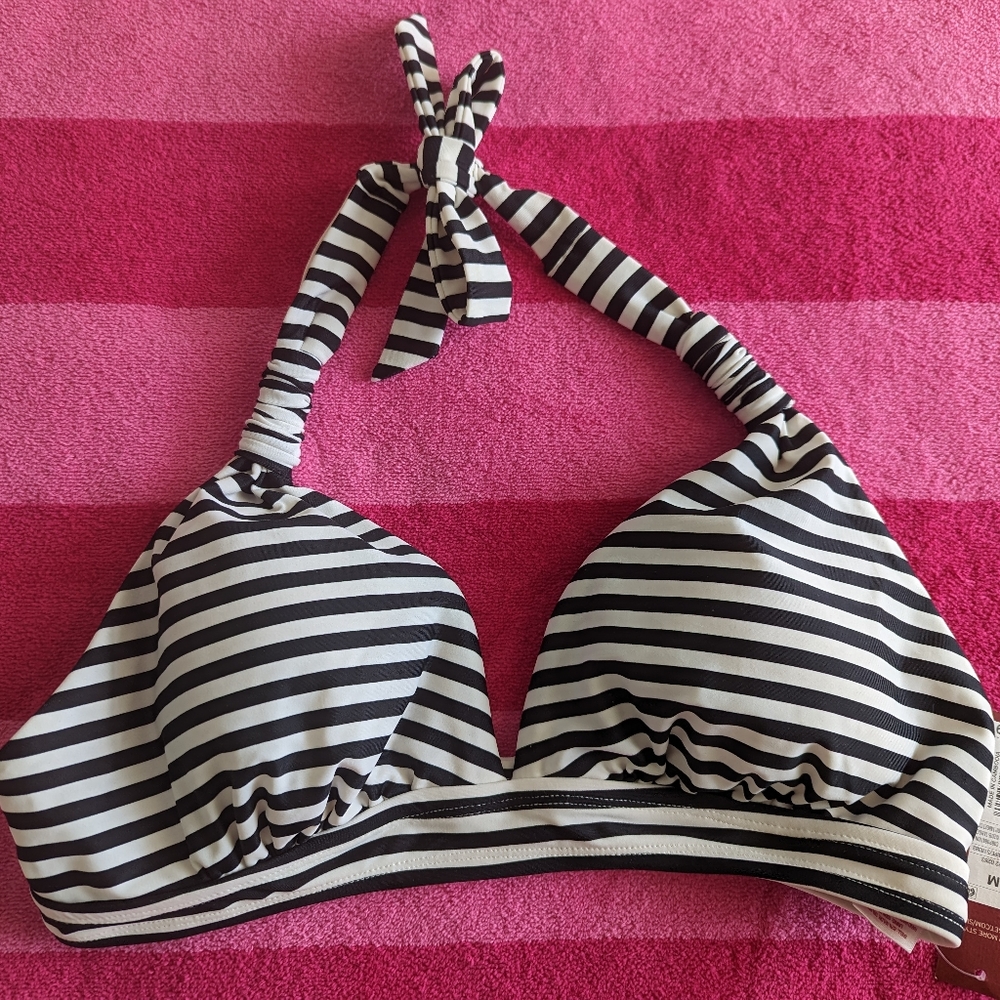 NWT Merona Black and White Striped Halter Bikini Top Medium